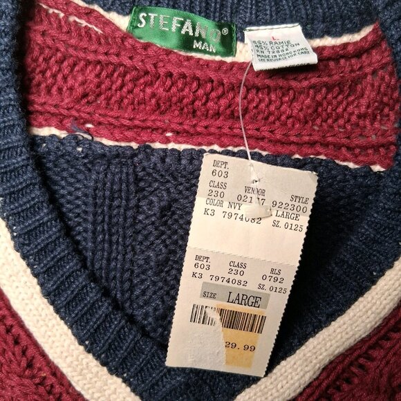 Vintage 90s Stefano Man Sweater L Blue Maroon Cable Knit V Neck Academia Preppy - Picture 9 of 14